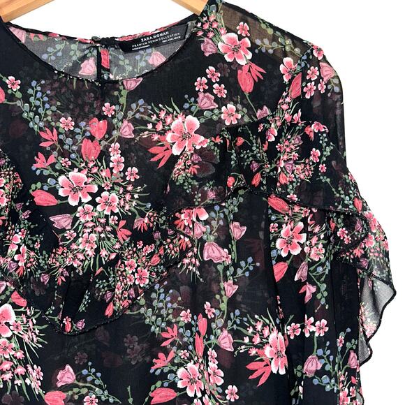 Zara Black Pink Floral Sheer Ruffle Long Sleeve Peplum Top Size Large - Picture 3 of 13